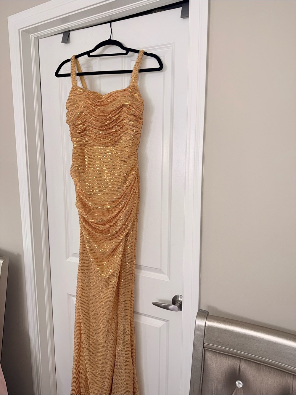 Gold Sequin Ruched Evening Gown - Women’s Dress
